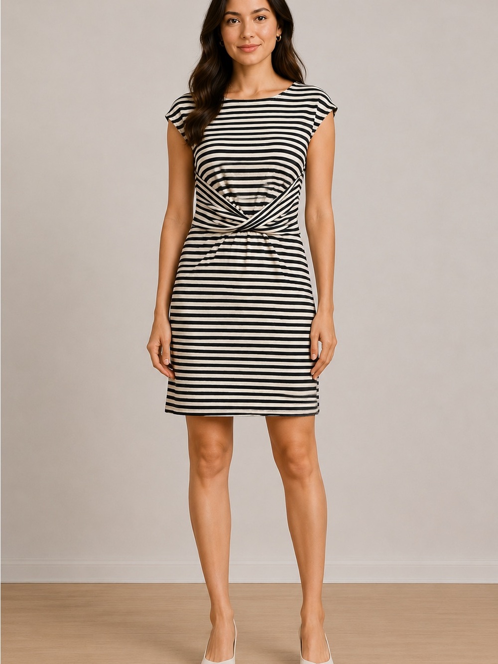 Theory Striped Twist Front Dress Black Ivory Pima Cotton Knit Dress L